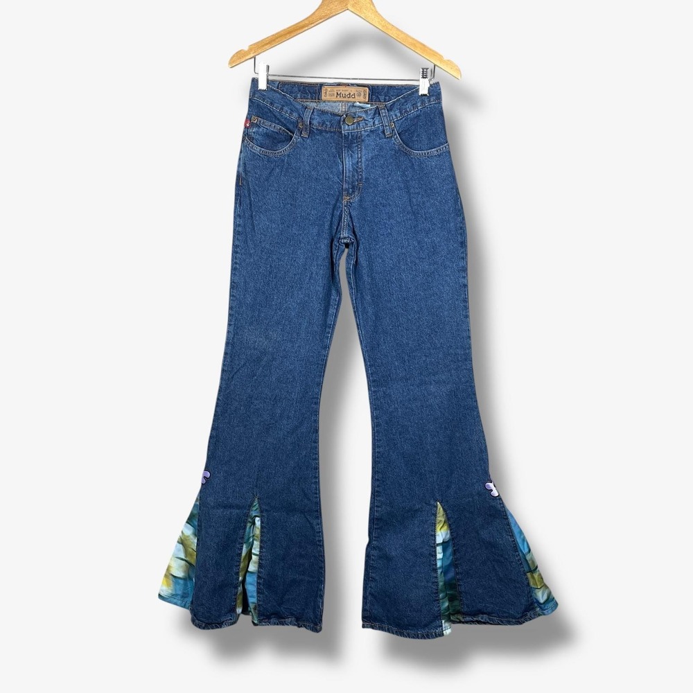 Mudd Flare Jeans Womens 7 Blue Y2K Boho Tie Dye Inset Splatter Denim Retro‎ NWT